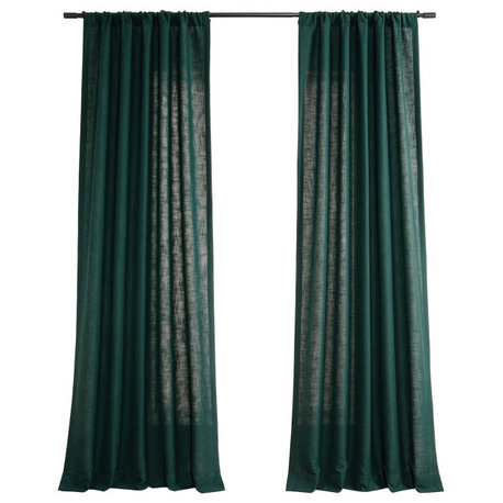 Deep Green Classic Faux Linen Curtain Single Panel, 50W x 96L