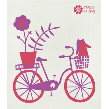 Swedish Dishcloth Mid-Century Modern, One Bicycle, Purple and Red on Natural