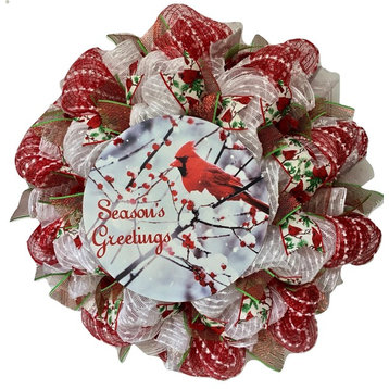 Seasons Greetings Cardinal Handmade Deco Mesh Holiday Wreath