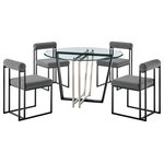 Armen Living - Devi Anastasia Round Matte Black Iron & Gray Fabric Dining Table 5-Piece Set - Bring luxury and comfort to your dining experiences with the Devi Anastasia 5 Piece Dining Set by Armen Living. This dining set includes 1 Devi Round Glass Dining Table with Metal base and 4 Anastasia Dining Chairs in Fabric and Metal. Featuring an elegant mix of materials, our dining set offers an abundance of polish and sophistication. The 48" round, glass top of the dining table floats upon an angular and clean-lined base. The metallic base utilizes contrasting finishes for elevated drama and modern elegance. It serves as a stunning complement to our sleek and charming Anastasia dining chairs. A cylindrical cushion is beautifully balanced upon its airy frame to offer comfortable back support. Its cushioned backrest and padded seat showcase a neat channeling detail that provides texture for a chic and inviting look. The Anastasia chair is upholstered in performance fabric to offer easy care and maintenance. Altogether, this dining set becomes a sophisticated centerpiece for your kitchen, dining, or living space. These pieces can effortlessly provide the grandeur and comfort for anything from your casual to formal meals. Featuring premium materials and quality craftsmanship, our dining set can loyally serve you for years to come. The Devi Anastasia 5 Piece Round Glass Dining Table Set is available in matching finishes and a variety of colors, or sold separately to achieve any look you desire.