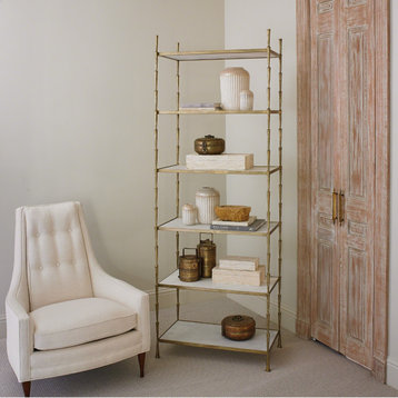 Gold Brass White Marble Top Etagere 6 Shelf  Minimalist Modern Book Shelves