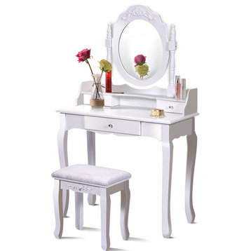 Costway White Vanity Wood Makeup Dressing Table Stool Set bathroom
