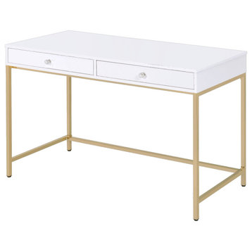 ACME Ottey 2-Drawer Vanity Desk with Metal Legs in White High Gloss and Gold