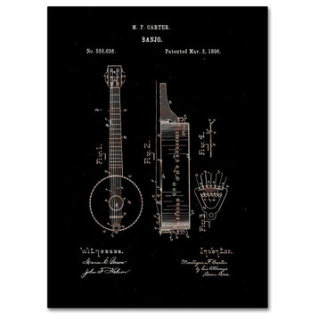 'Vintage Banjo Patent, 1896, Black' Canvas Art by Claire Doherty