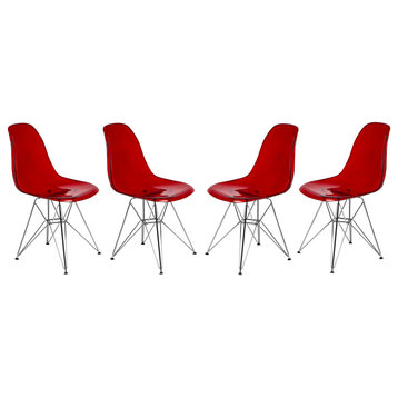 LeisureMod Cresco Molded Eiffel Side Chair, Set of 4, Transparent Red, CR19TR4