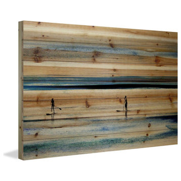 "Surfboard Paddling" Print on Natural Pine Wood, 36"x24"