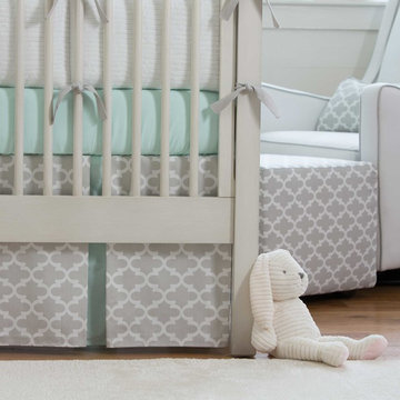 French Gray and Mint Quatrefoil Crib Skirt