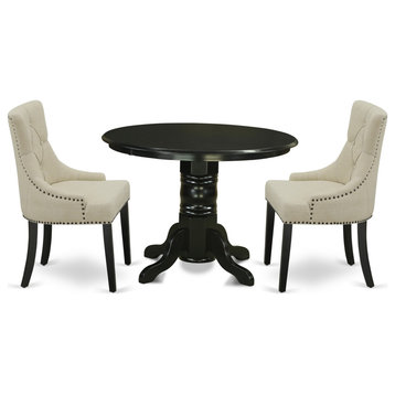 3-Piece Set, Round Table, 2 Parson Chairs, Light Beige Fabric, Black
