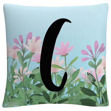 Pink Floral Garden Letter Illustration C By Abc Decorative Throw Pillow