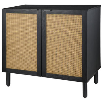 Spacious Storage Cabinet, 2 Doors With Rattan Front & Adjustable Shelf, Black