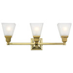 Livex Lighting - Mission Bath Light, Polished Brass - The Mission collection has clean lines with geometric forms. This three light bath fixture with etched opal glass is finished in polished brass. Square bar style arms elevate the glass.