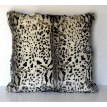 Faux Fur Snow Leopard Black Beige Decorative Throw Pillow, Black and White, 22"
