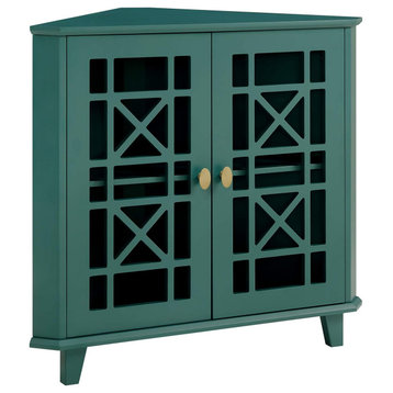 Corner Side Table, Cut Out Accented Doors With Inner Adjustable Shelf, Dark Teal
