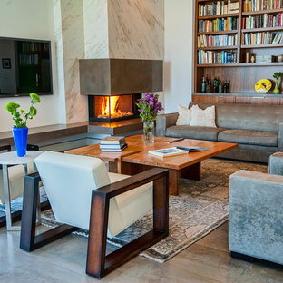 Inspiration för moderna vardagsrum, med en öppen hörnspis och grått golv
