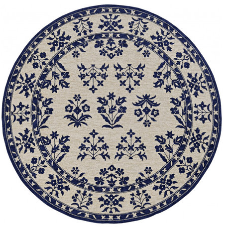 5' X 7' Sand Or Blue Floral Bordered Indoor Outdoor Area Rug