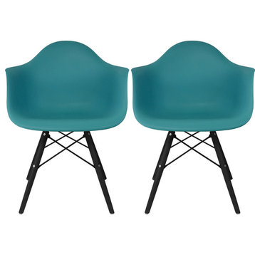 Set of 2 Dining Chair, Black Hardwood Legs With Molded Plastic Seat, Teal
