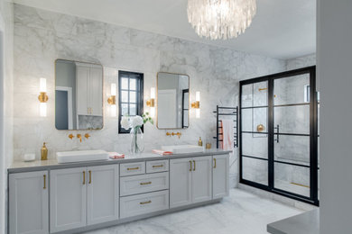 Inspiration for a large modern master marble tile double-sink bathroom remodel in Los Angeles with shaker cabinets, gray cabinets, quartzite countertops, white countertops and a built-in vanity