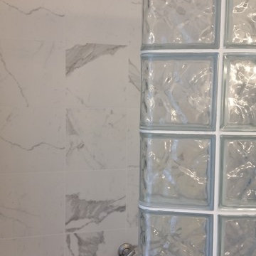 Finished glass block end block and decorative grab bars