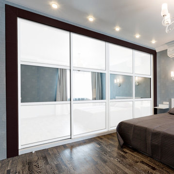 Modern Bypass Sliding Doors with White Glass & Mirror Glass Panels Inserts, 144"x80" Inches