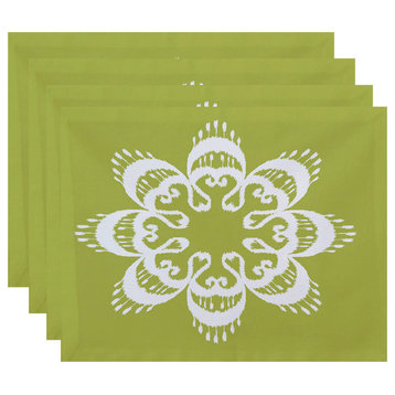 18"x14" Ikat Mandala, Geometric Print Placemat, Green, Set of 4