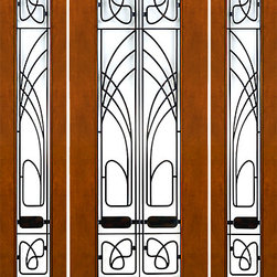 Prehung Prehung 2-1/4" Thick Art Nouveau Mahogany Door Sidelites Low-E Glass Iro - Front Doors