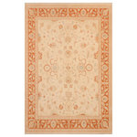 Bareens Designer Rugs - Classic Ziegler Lenore Beige Orange Hand-Knotted Wool Rug - 8'1'' x 9'11'' - Enhance the ambiance of your home with this magnificent Persian-influenced Turkish hand-knotted rug made by skilled artisans capable of creating the most exceptional vegetable dyes and hand-spun wool. This exquisite handmade rug is a one-of-a-kind Peshawar Kafkaz, otherwise identified as Chobi, Chobi Peshawar, Oushak, or Ziegler rug. These handmade rugs are crafted in Pakistan utilizing superior-quality wool imported from Australia, New Zealand, and Korea in two types of weaves: the Persian weave and the Mori weave. This rug is meticulously crafted by hand using the finest natural vegetable dyes extracted from local plants. The artisans use a blend of hand-spun local and fine merino wool, resulting in a rug with a compelling texture, higher lanolin content, and longer staple. The artisans occasionally incorporate natural or artificial silk into the pile to enhance specific motifs. The finished product is an awe-inspiring execution of flawless design and an understated palette that exudes elegance.