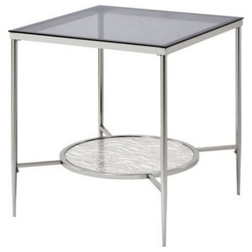 End Table With Textured Round Shelf, Silver