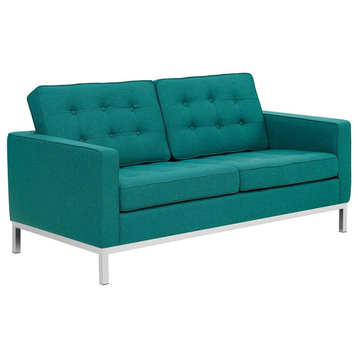Modern Loveseat, Chrome Legs & Fabric Seat With Unique Minimalist Details, Teal