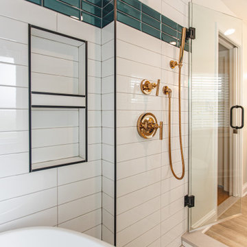 Bathroom remodeling in Arlington, VA with double vanity & corner bathtub