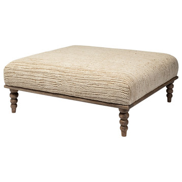 Alder I Square Cream Upholstered Seat w/ Brown Solid Wood Base Accent Bench