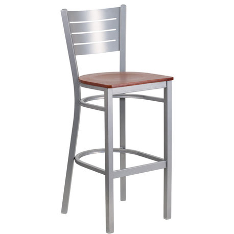 Hercules Series Silver Slat Back Metal Barstool, Cherry Wood Seat