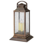 HInkley - Hinkley Revere Large Pier Mount Lantern 12V, Sienna - Revere is a traditional coach lantern in solid brass with clear seedy glass panels. The glass faux candle sleeves and classic candelabra lamping complete the authentic appearance.