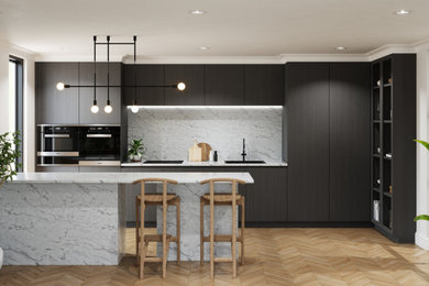 Inspiration for a medium sized contemporary grey and brown u-shaped open plan kitchen in London with a built-in sink, flat-panel cabinets, dark wood cabinets, marble worktops, white splashback, marble splashback, black appliances, light hardwood flooring, an island, brown floors, white worktops and feature lighting.