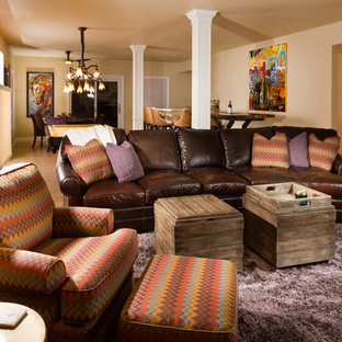 Photo of a medium sized modern basement in Other with beige walls, limestone flooring, no fireplace and beige floors.
