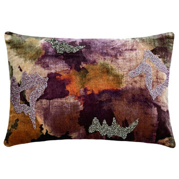 Purple Velvet Printed & Beaded 12"x26" Lumbar Pillow Cover - Purple Abstraction
