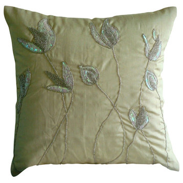 Beige Sequins And Beaded Lily Flower 24x24 Silk Pillow Sham, Lily Of the Valley
