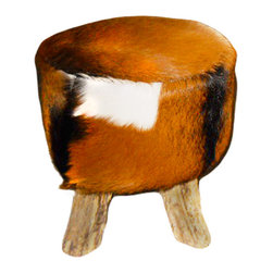 Bhome - Round Goat Hide and Teak Foot Stool - Footstools And Ottomans