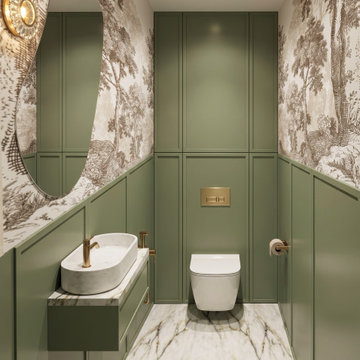 Powder Room — Toile de Jouy Wallpaper & Sage Green Panels