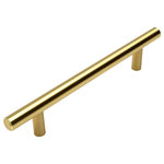 Cosmas - European Style Brushed Brass Bar Pulls, 4" Hole Centers - Cosmas 305 Series European bar pulls in a classic brushed brass finish. This series includes 9 different length bar pulls and a coordinating t-bar euro-style cabinet knob. Manufactured from solid steel. Includes standard 1" x 8/32 cabinet screws.