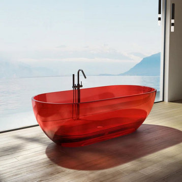 69'' x 29.5'' Freestanding Soaking Stone Resin Bathtub, Transparent Red