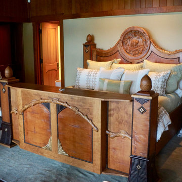 Rustic King Bed with Carvings and TV Lift
