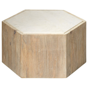 Bleached Wood White Marble Hexagon 10" Bunching Table Minimalist Contemporary