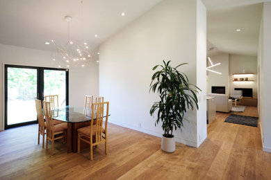 Example of a mid-sized minimalist medium tone wood floor, brown floor and vaulted ceiling kitchen/dining room combo design in Portland with white walls and a standard fireplace