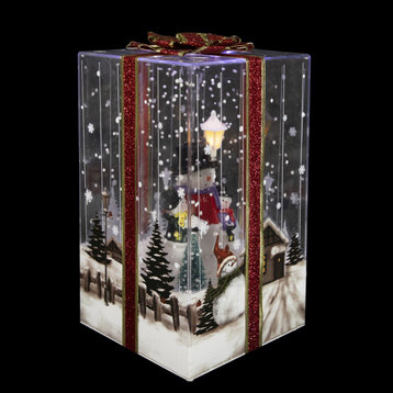 12" Lighted and Musical Snowman Family Snowing Gift Box Christmas Decoration