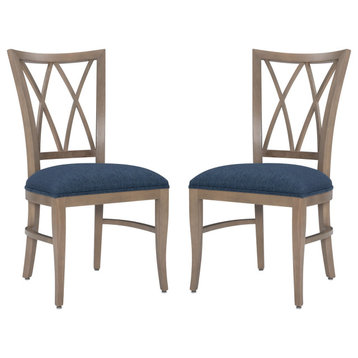 Set of 2 Dining Chair, Cushioned Seat With Lattice Patterned Back, Blue