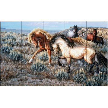 Tile Mural, Two Mustang Stallions by Cynthie Fisher