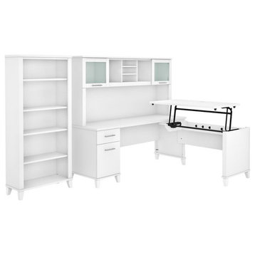 Pemberly Row Sit to St& L Desk with Hutch & Bookcase in White - Engineered Wood