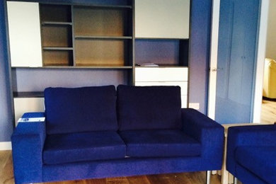 Diseño de salón cerrado actual de tamaño medio con paredes azules y suelo de madera en tonos medios