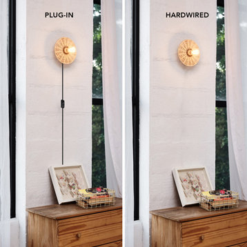 Laurel 1-Light Plug-In or Hardwire Wall Sconce with Faux Rattan Blackplate