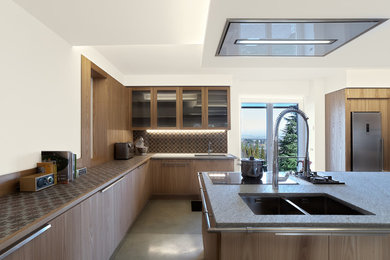 Esempio di una grande cucina minimal con lavello da incasso, ante di vetro, ante in legno chiaro, top in pietra calcarea, paraspruzzi con piastrelle in ceramica, elettrodomestici in acciaio inossidabile e pavimento in cemento